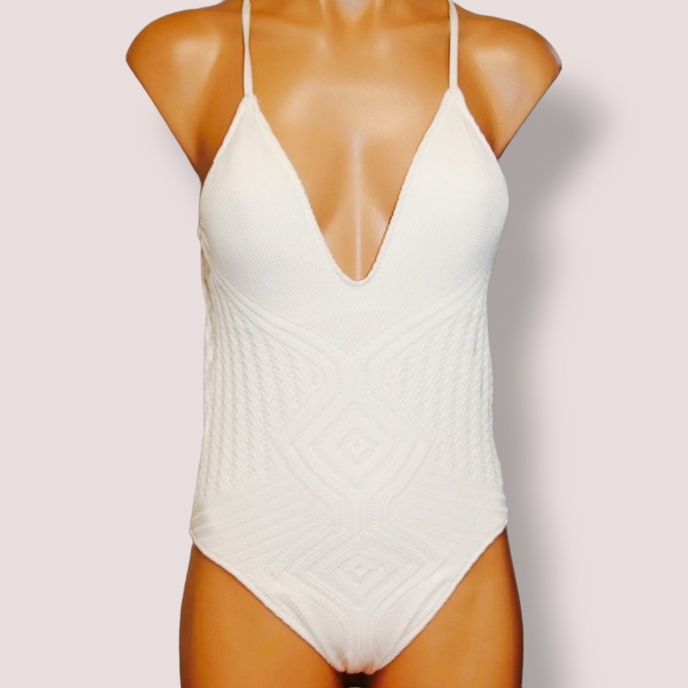 Polo Ralph Lauren Sahara Crochet Plunge Swimsuit Cream White NWT